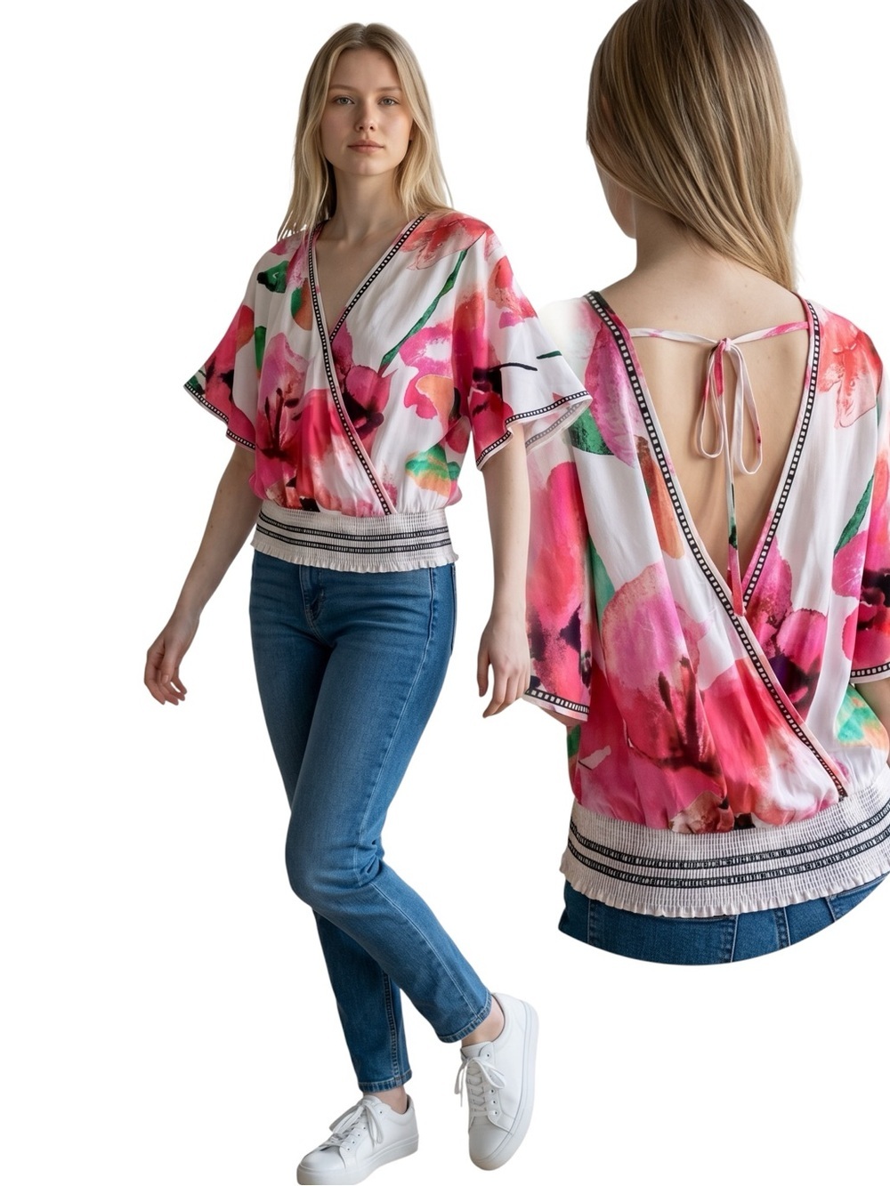 Jealous Tomato Women's Deep V-Neck Crossover Floral Crop Top Elastic Waist Sz S